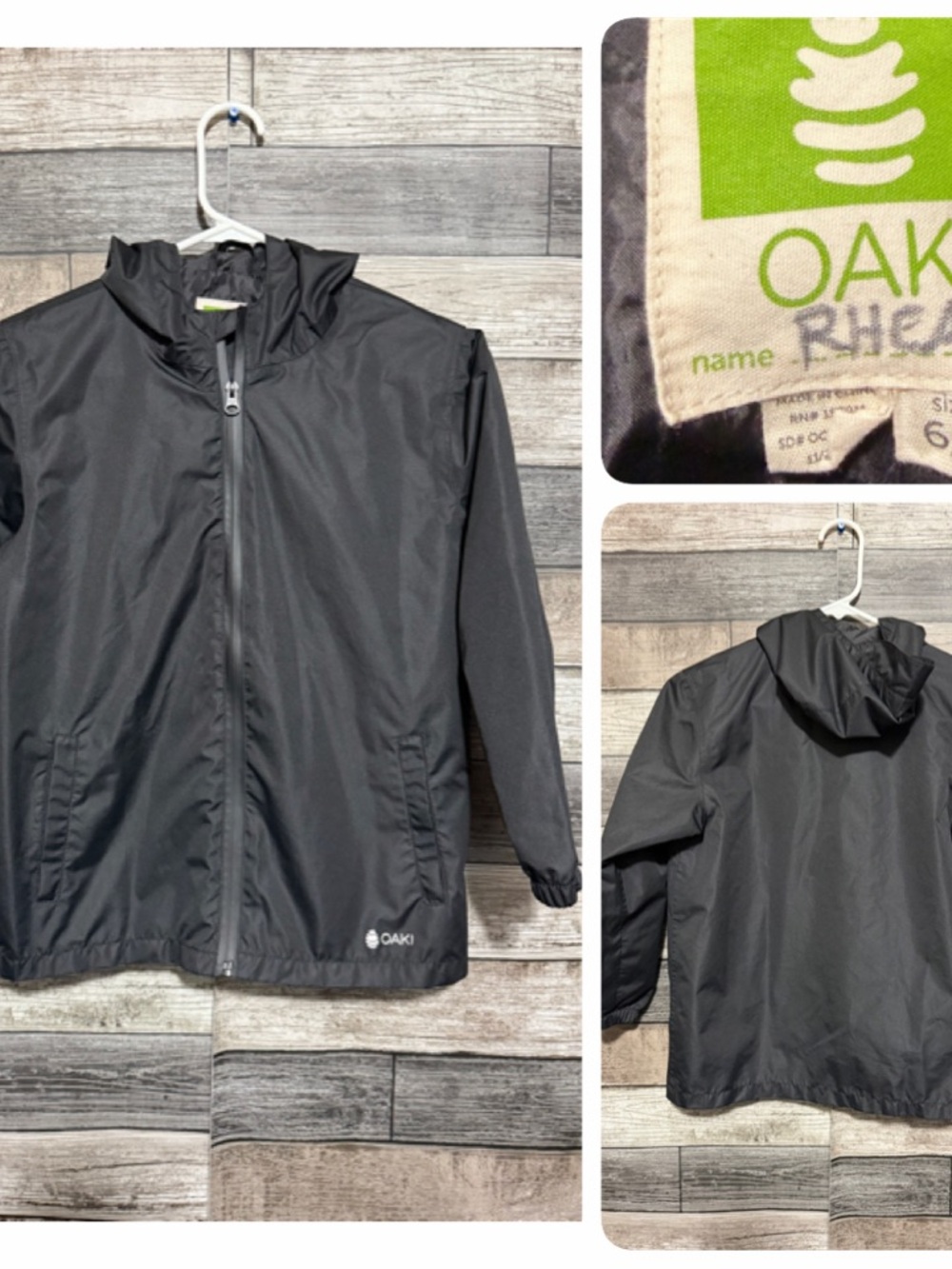 Oaki Windbreaker Jacket Boys Size 6/7 Black Full Zip Hooded